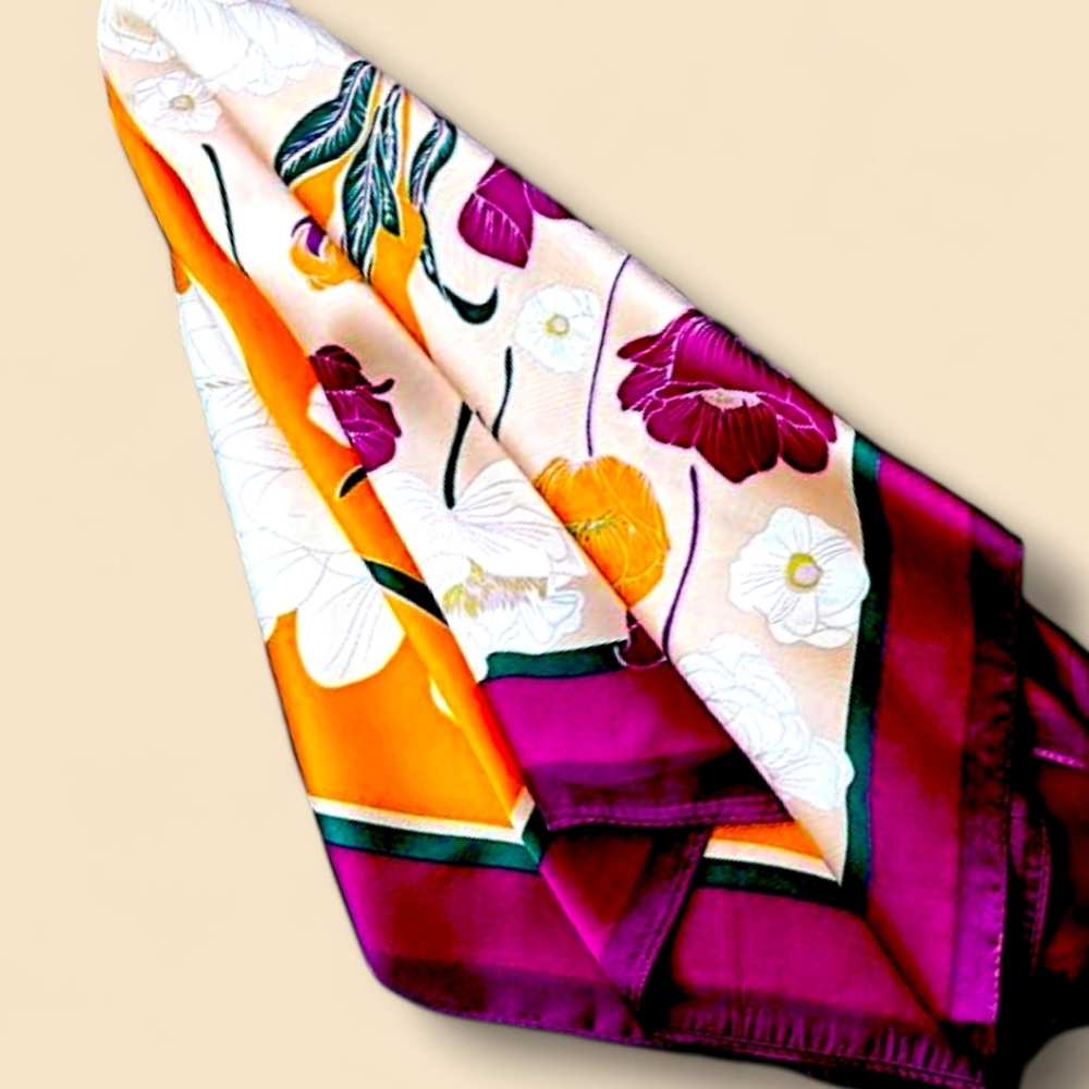 🧡 Floral Colorblocked Silky Scarf Square- Orange, Purple, Cream And Green - Picture 4 of 7